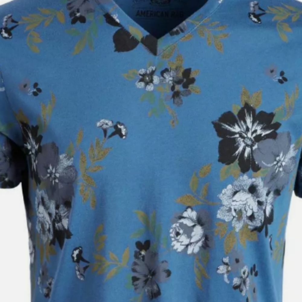 American Rag Mens Blue Floral V Neck Tee T-Shirt S - Picture 3 of 4
